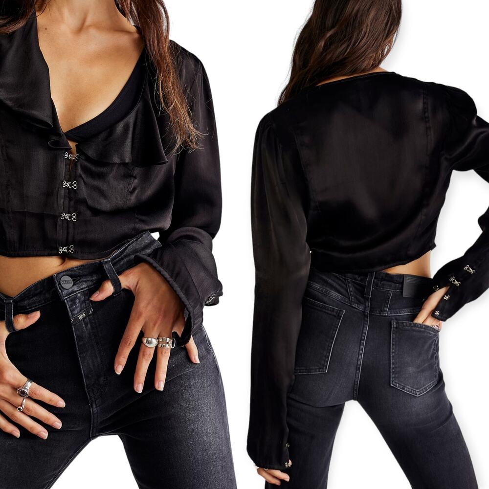 Free People black satin cropped hook & eye blouse
